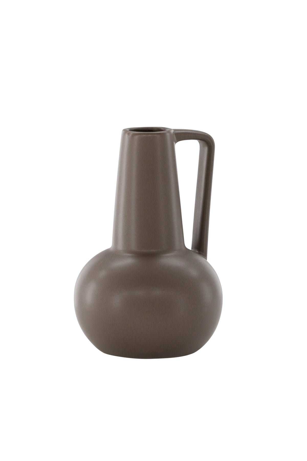 Zylindrische Vase aus Steinzeug in Beige und Schwarz mit seitlichem Griff, matte Oberfläche, Höhe 22 cm, Durchmesser 10 cm.