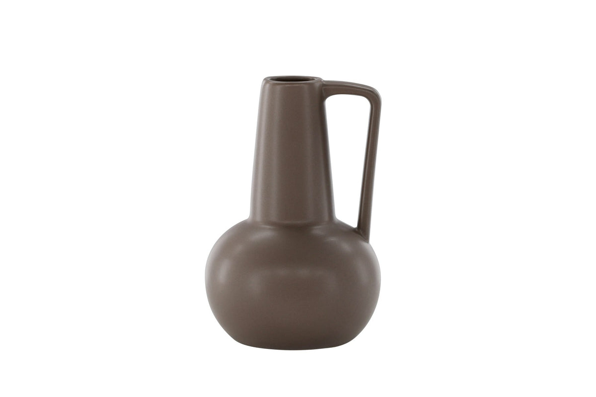Zylindrische Vase aus Steinzeug in Beige und Schwarz mit seitlichem Griff, matte Oberfläche, Höhe 22 cm, Durchmesser 10 cm.