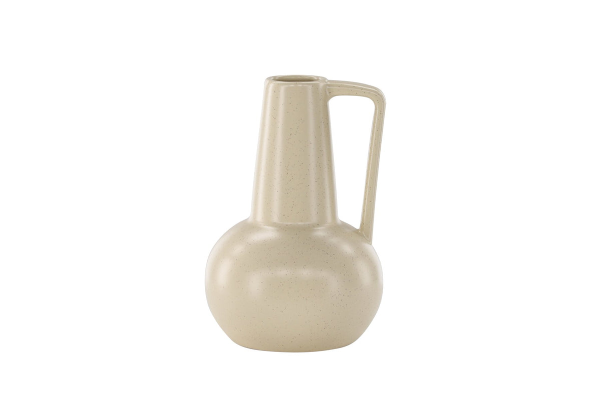 Zylindrische Vase aus Steinzeug in Beige und Schwarz mit seitlichem Griff, matte Oberfläche, Höhe 22 cm, Durchmesser 10 cm.
