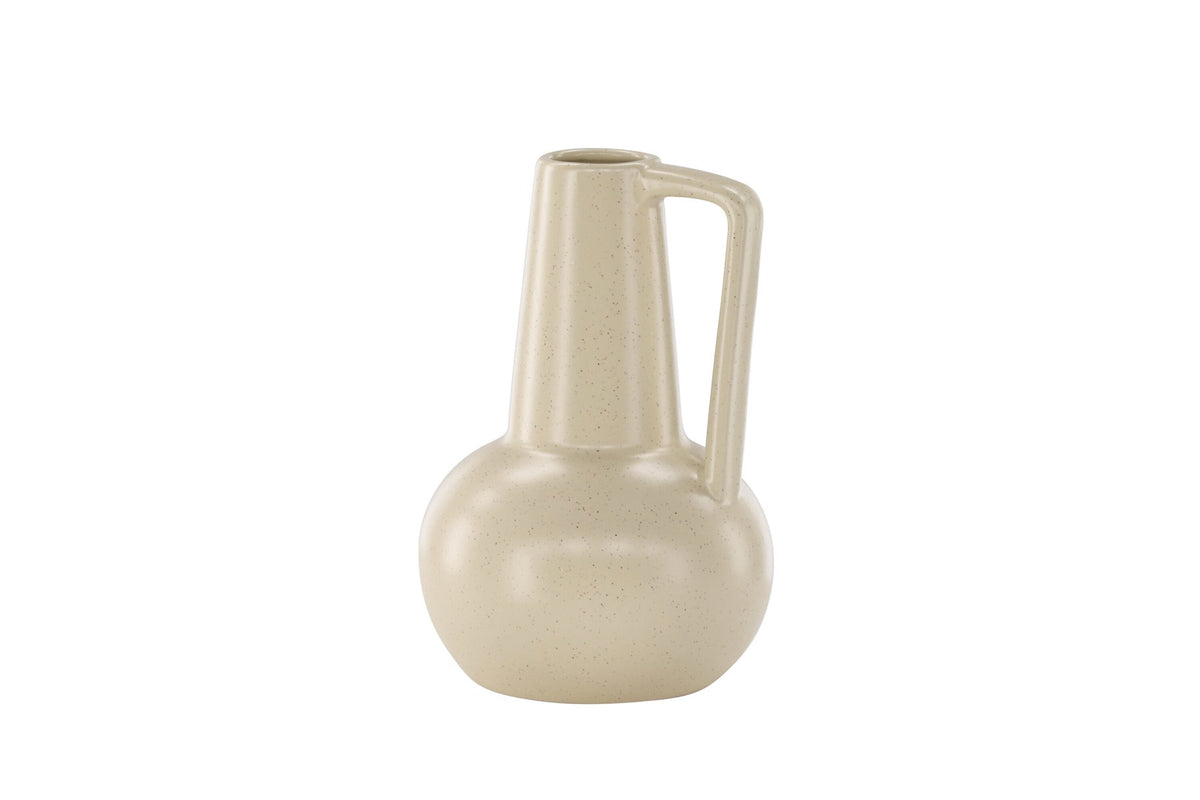 Zylindrische Vase aus Steinzeug in Beige und Schwarz mit seitlichem Griff, matte Oberfläche, Höhe 22 cm, Durchmesser 10 cm.
