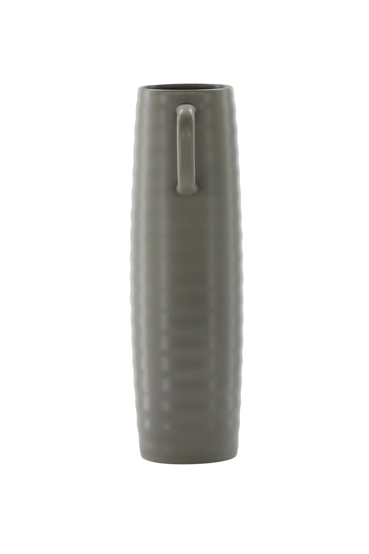 Beige Cent Vase von Venture Home aus Steinzeug mit wellenförmiger Struktur und zwei asymmetrisch angebrachten Griffen an den Seiten.