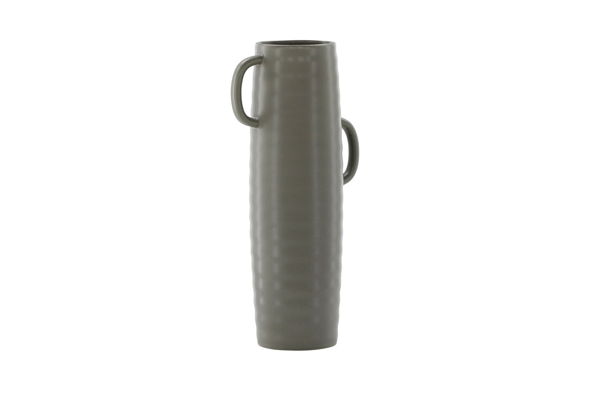 Beige Cent Vase von Venture Home aus Steinzeug mit wellenförmiger Struktur und zwei asymmetrisch angebrachten Griffen an den Seiten.