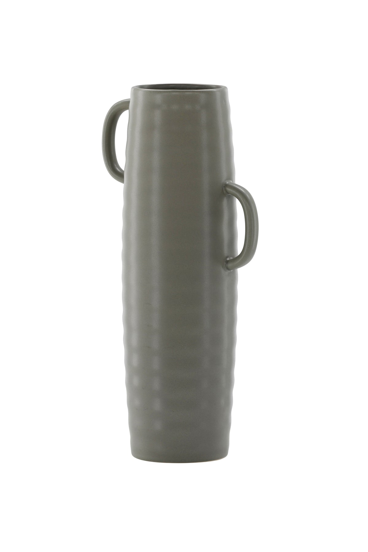 Beige Cent Vase von Venture Home aus Steinzeug mit wellenförmiger Struktur und zwei asymmetrisch angebrachten Griffen an den Seiten.
