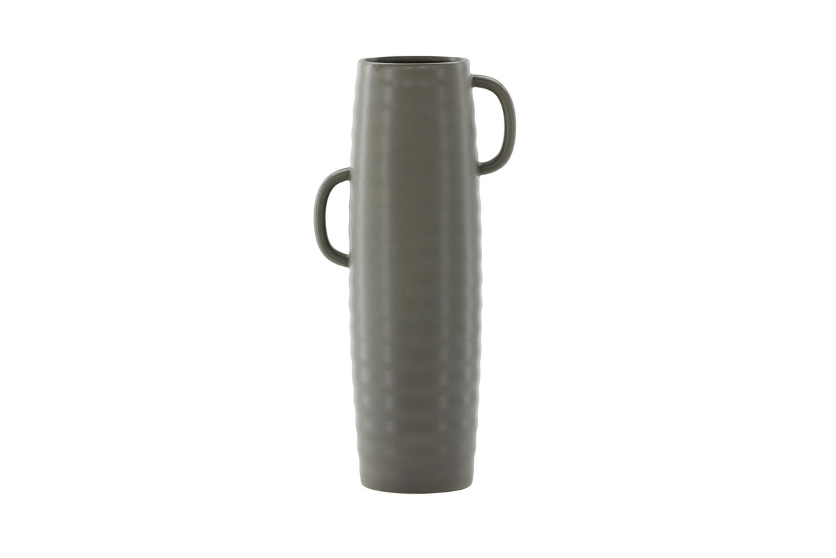 Beige Cent Vase von Venture Home aus Steinzeug mit wellenförmiger Struktur und zwei asymmetrisch angebrachten Griffen an den Seiten.