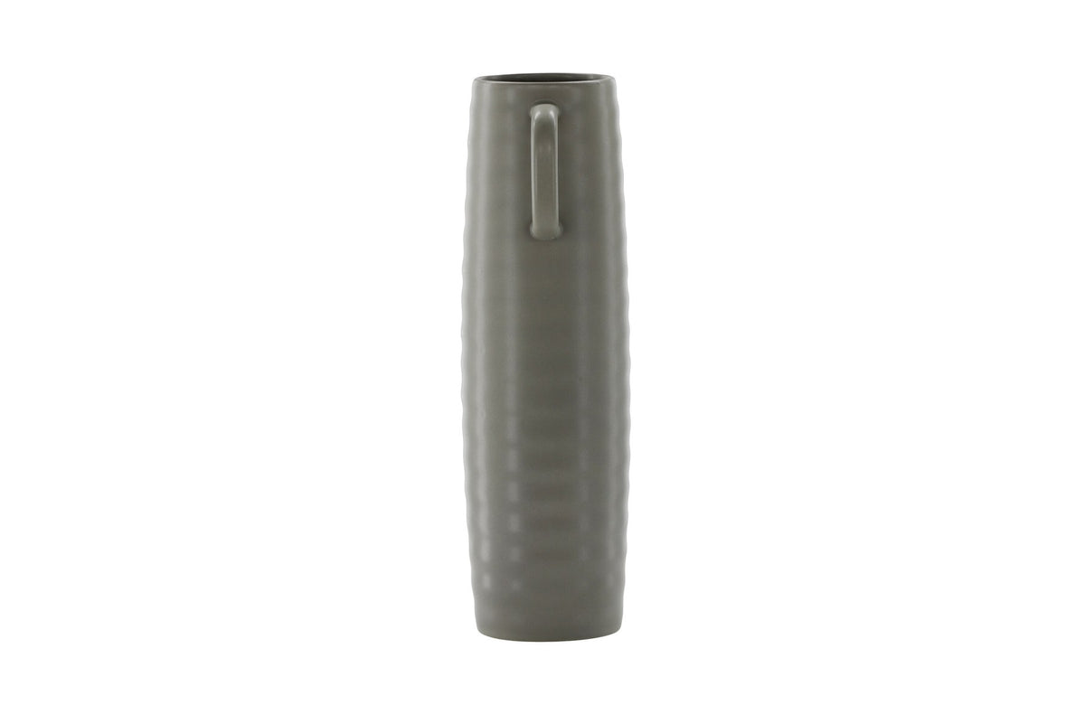 Beige Cent Vase von Venture Home aus Steinzeug mit wellenförmiger Struktur und zwei asymmetrisch angebrachten Griffen an den Seiten.