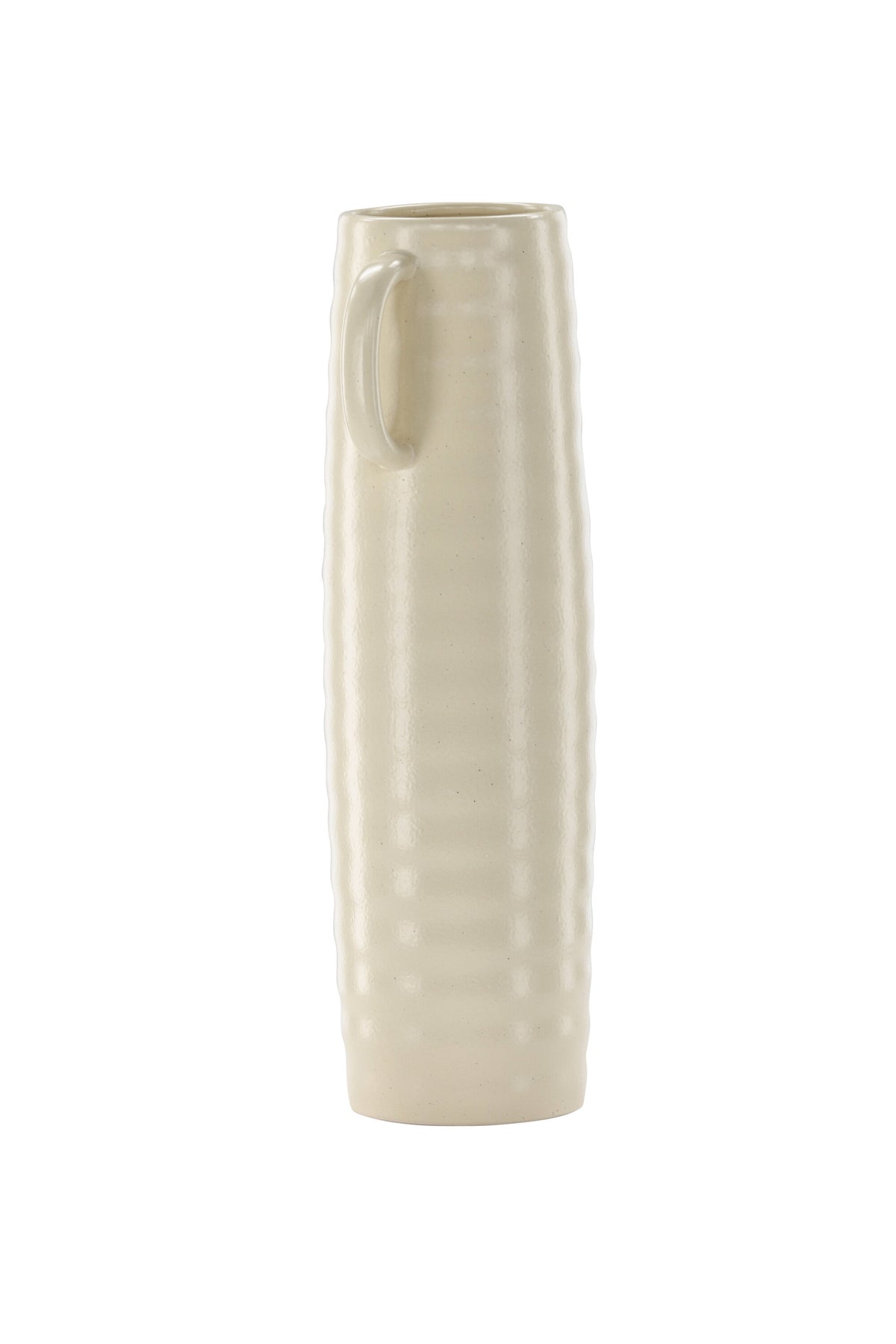 Beige Cent Vase von Venture Home aus Steinzeug mit wellenförmiger Struktur und zwei asymmetrisch angebrachten Griffen an den Seiten.