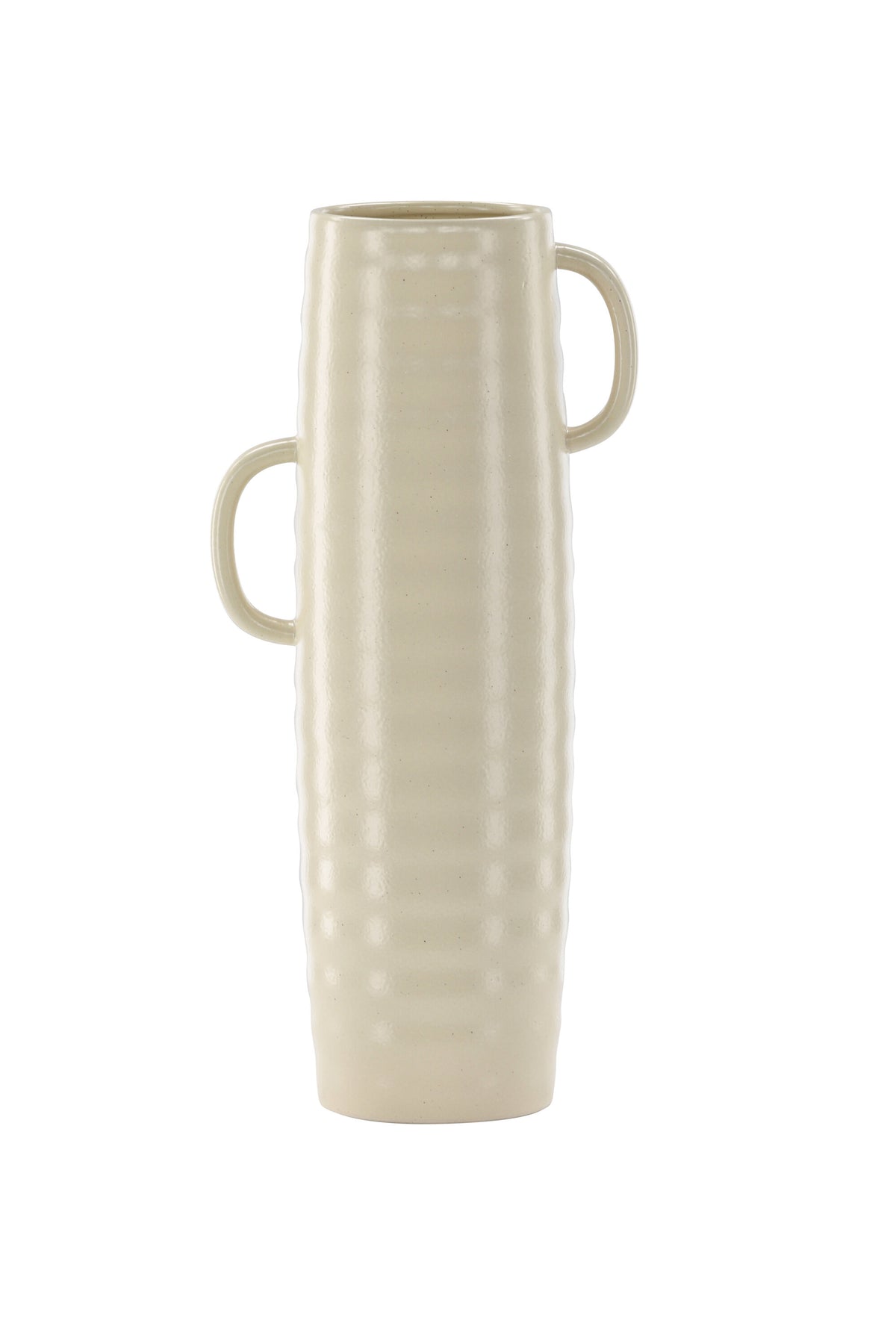Beige Cent Vase von Venture Home aus Steinzeug mit wellenförmiger Struktur und zwei asymmetrisch angebrachten Griffen an den Seiten.