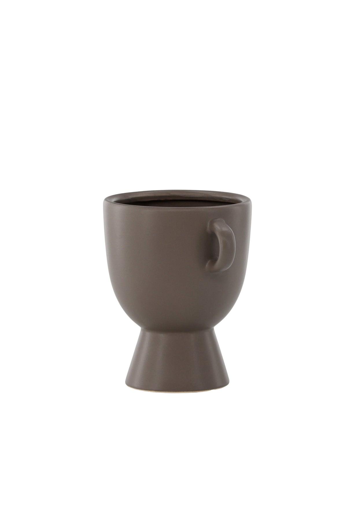 Beige Cent Vase von Venture Home aus Steinzeug mit wellenförmiger Struktur und zwei asymmetrisch angebrachten Griffen an den Seiten.