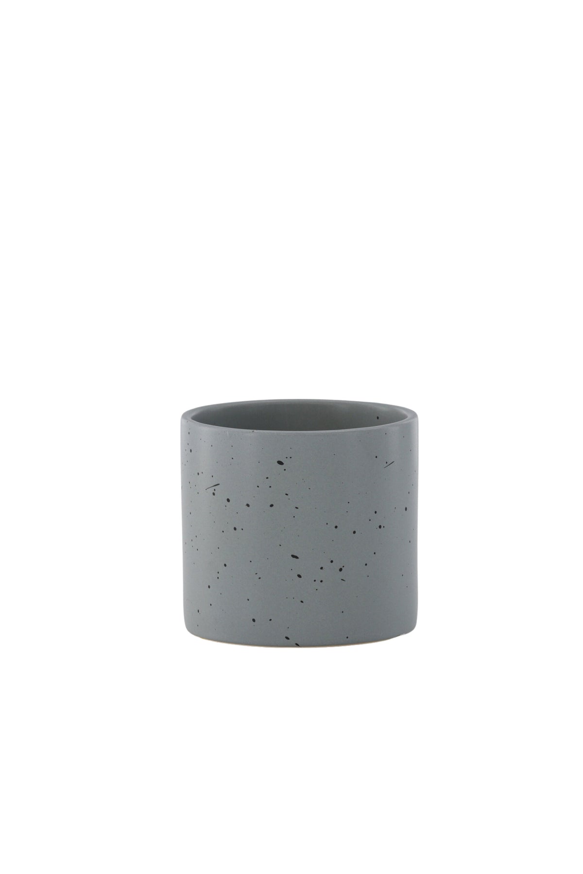 Schwarz-dunkelgraue Vase Sane aus Steinzeug mit gepunktetem Muster, rundlicher Form, Durchmesser 11 cm und Höhe 10 cm.