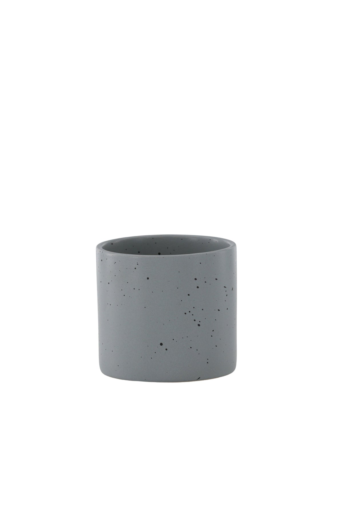 Schwarz-dunkelgraue Vase Sane aus Steinzeug mit gepunktetem Muster, rundlicher Form, Durchmesser 11 cm und Höhe 10 cm.