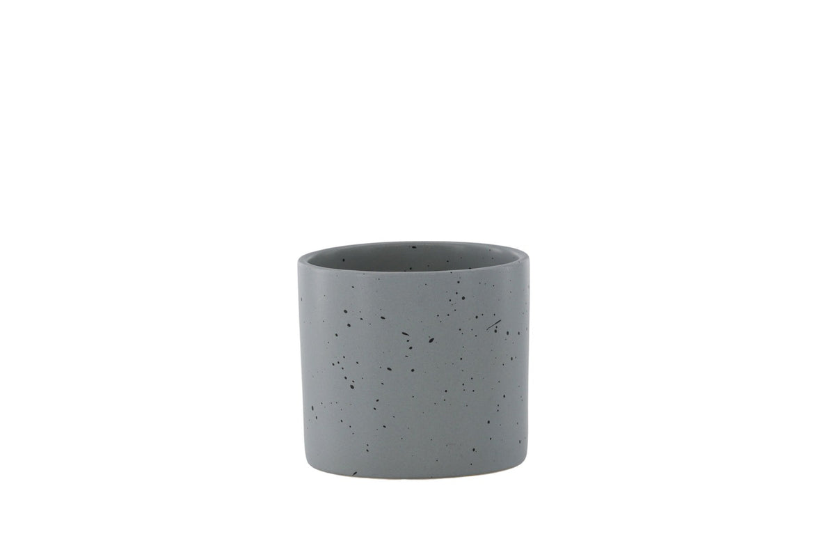 Schwarz-dunkelgraue Vase Sane aus Steinzeug mit gepunktetem Muster, rundlicher Form, Durchmesser 11 cm und Höhe 10 cm.