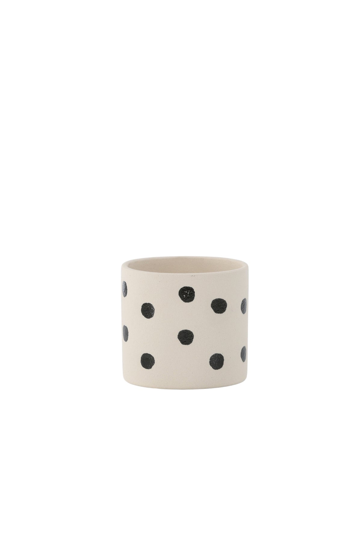 Schwarz-dunkelgraue Vase Sane aus Steinzeug mit gepunktetem Muster, rundlicher Form, Durchmesser 11 cm und Höhe 10 cm.