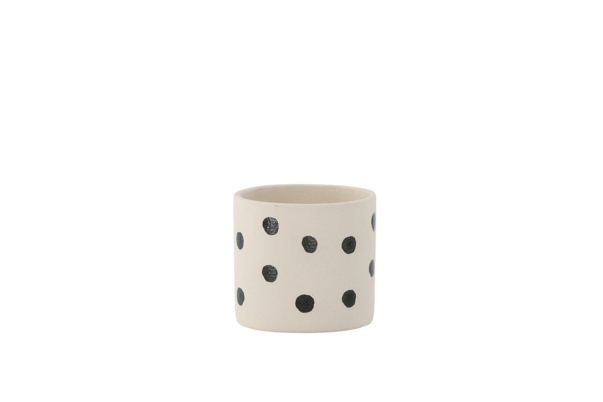 Schwarz-dunkelgraue Vase Sane aus Steinzeug mit gepunktetem Muster, rundlicher Form, Durchmesser 11 cm und Höhe 10 cm.
