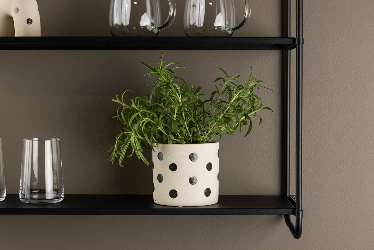 Schwarz-dunkelgraue Vase Sane aus Steinzeug mit gepunktetem Muster, rundlicher Form, Durchmesser 11 cm und Höhe 10 cm.