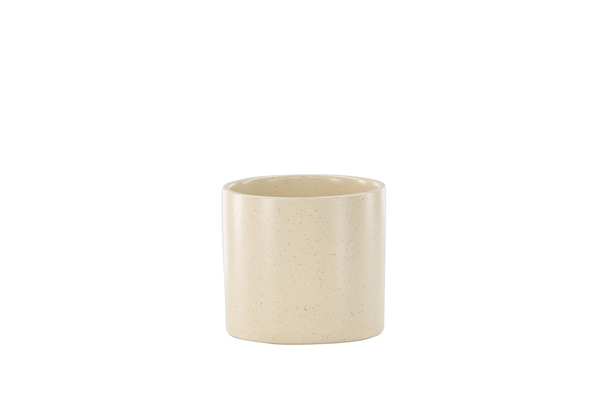 Schwarz-dunkelgraue Vase Sane aus Steinzeug mit gepunktetem Muster, rundlicher Form, Durchmesser 11 cm und Höhe 10 cm.