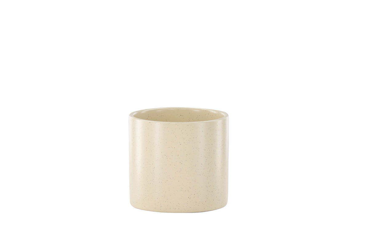 Schwarz-dunkelgraue Vase Sane aus Steinzeug mit gepunktetem Muster, rundlicher Form, Durchmesser 11 cm und Höhe 10 cm.