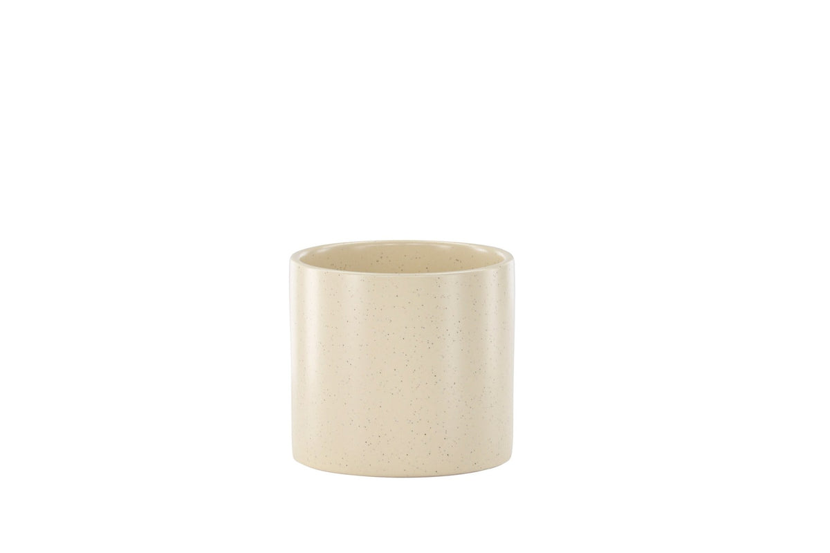 Schwarz-dunkelgraue Vase Sane aus Steinzeug mit gepunktetem Muster, rundlicher Form, Durchmesser 11 cm und Höhe 10 cm.
