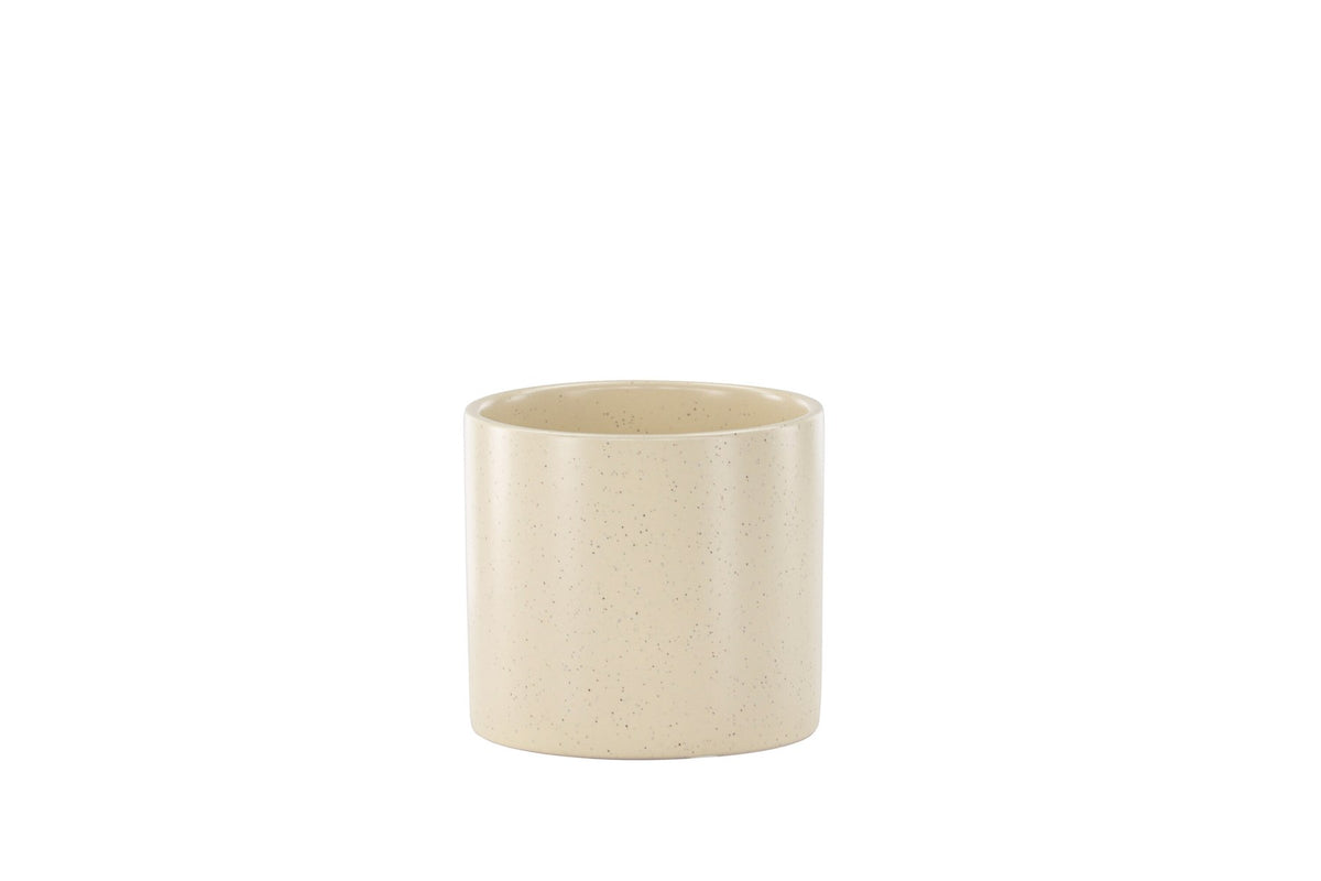 Schwarz-dunkelgraue Vase Sane aus Steinzeug mit gepunktetem Muster, rundlicher Form, Durchmesser 11 cm und Höhe 10 cm.