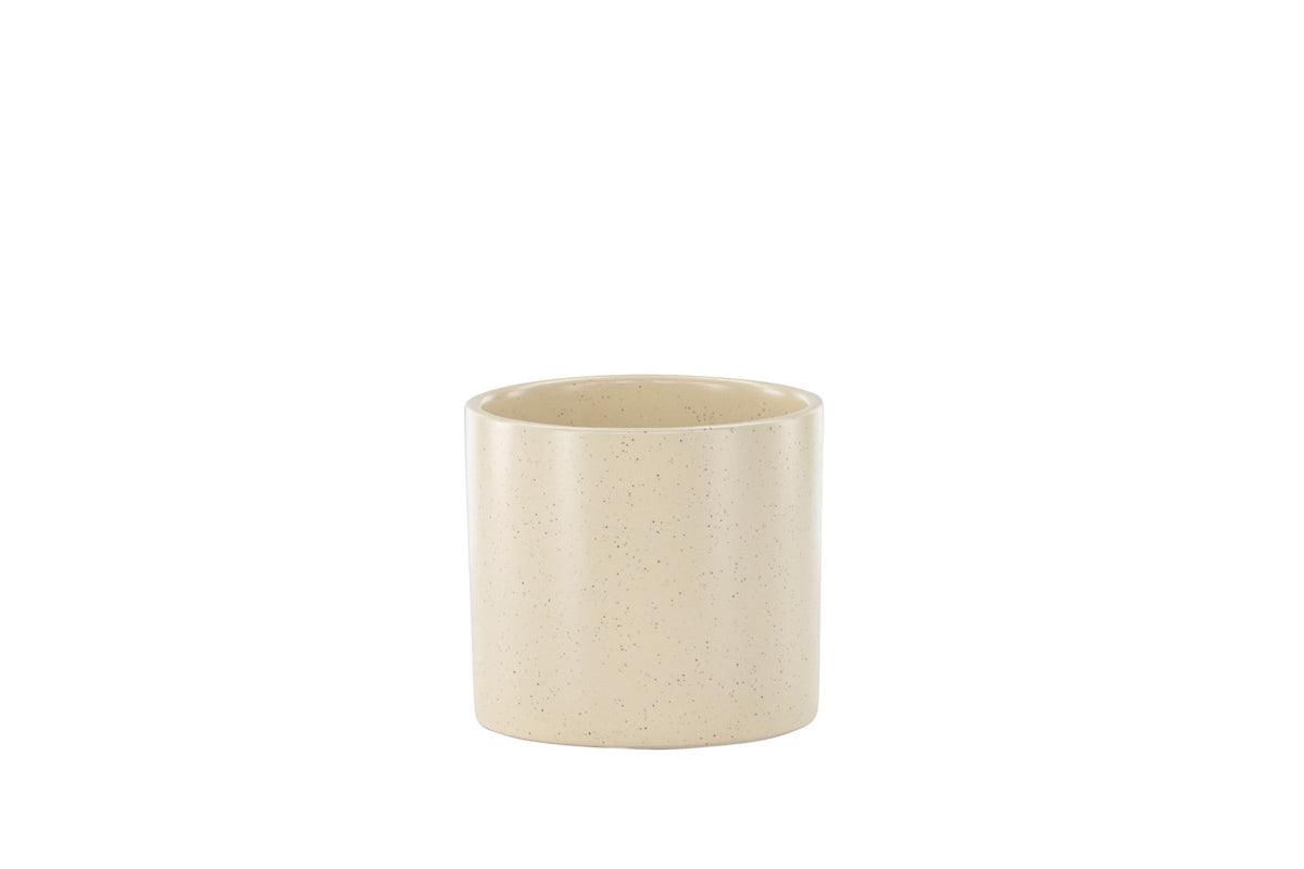Schwarz-dunkelgraue Vase Sane aus Steinzeug mit gepunktetem Muster, rundlicher Form, Durchmesser 11 cm und Höhe 10 cm.