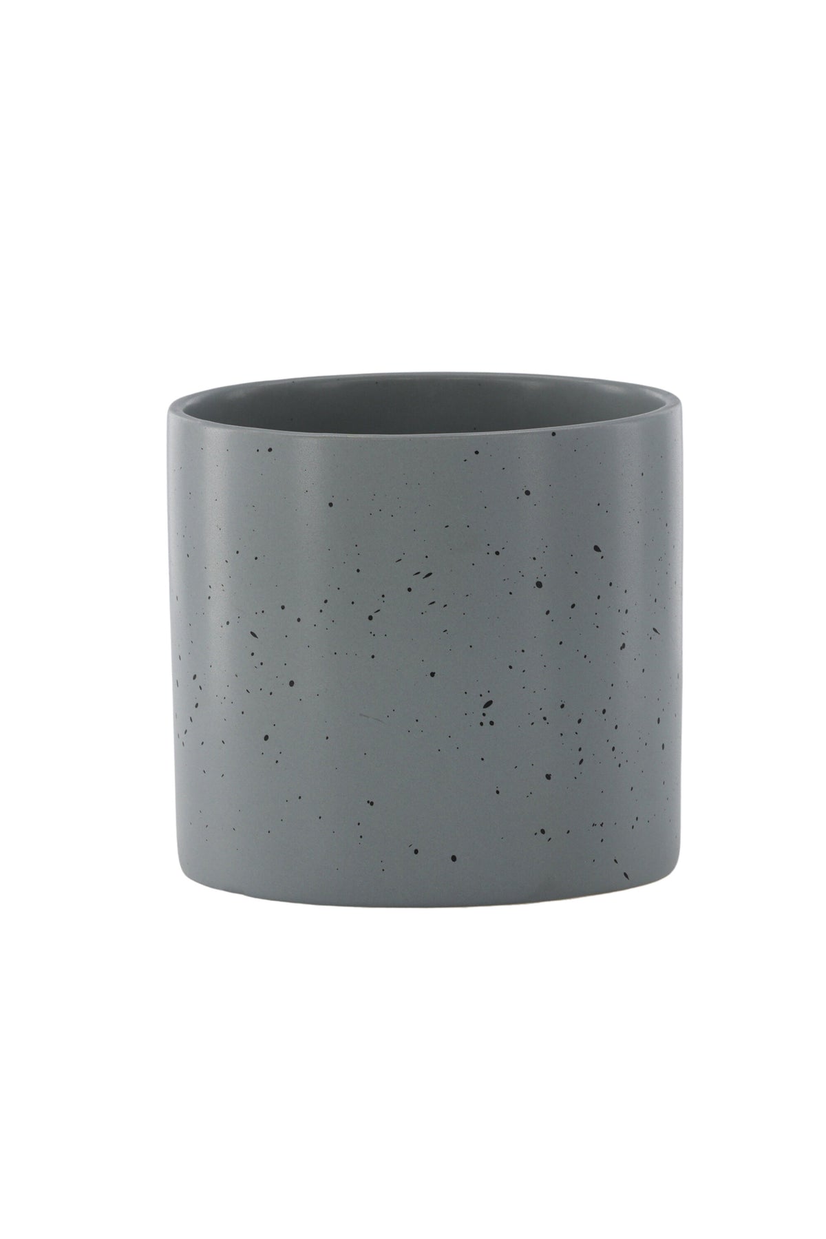 Schwarz-dunkelgraue Vase Sane aus Steinzeug mit gepunktetem Muster, rundlicher Form, Durchmesser 11 cm und Höhe 10 cm.
