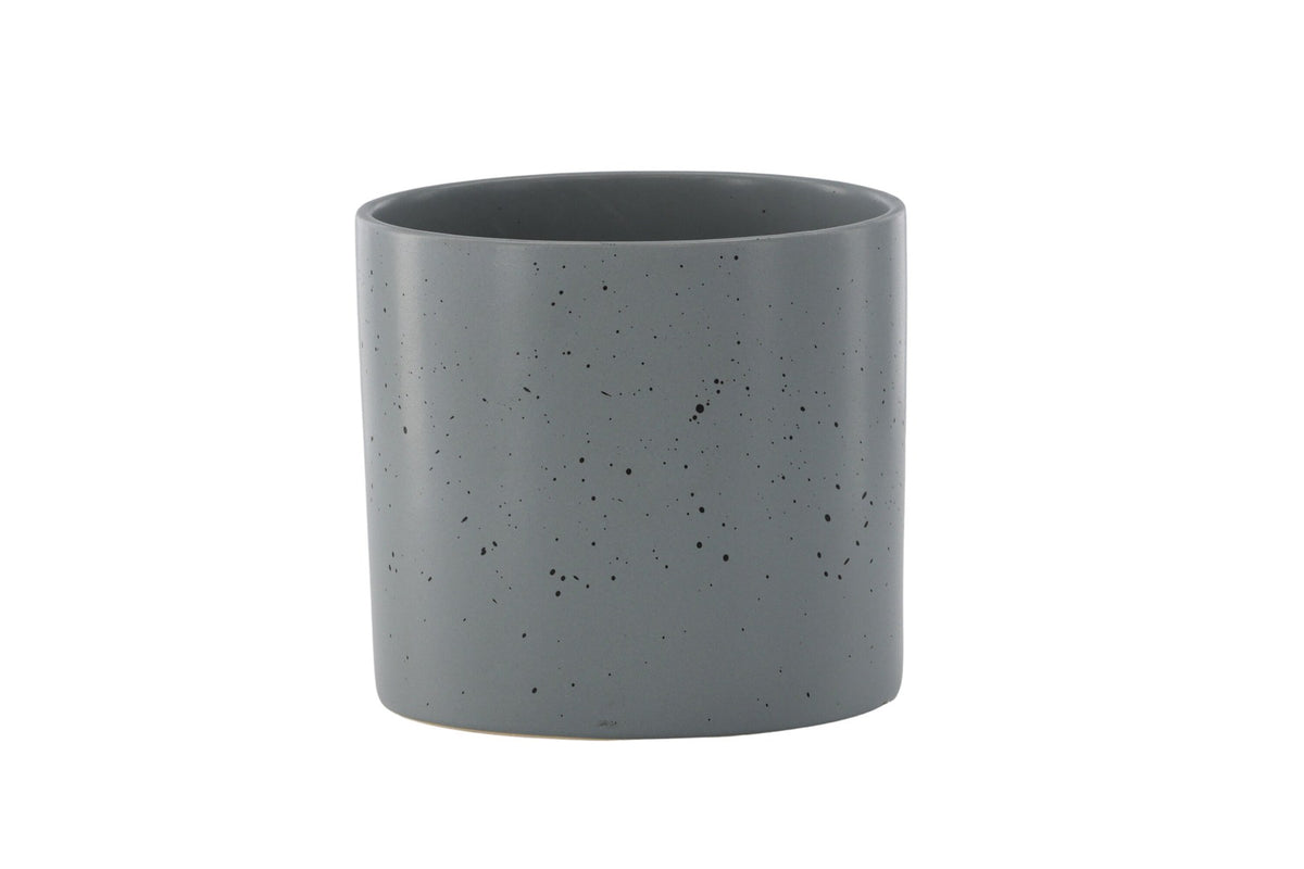 Schwarz-dunkelgraue Vase Sane aus Steinzeug mit gepunktetem Muster, rundlicher Form, Durchmesser 11 cm und Höhe 10 cm.