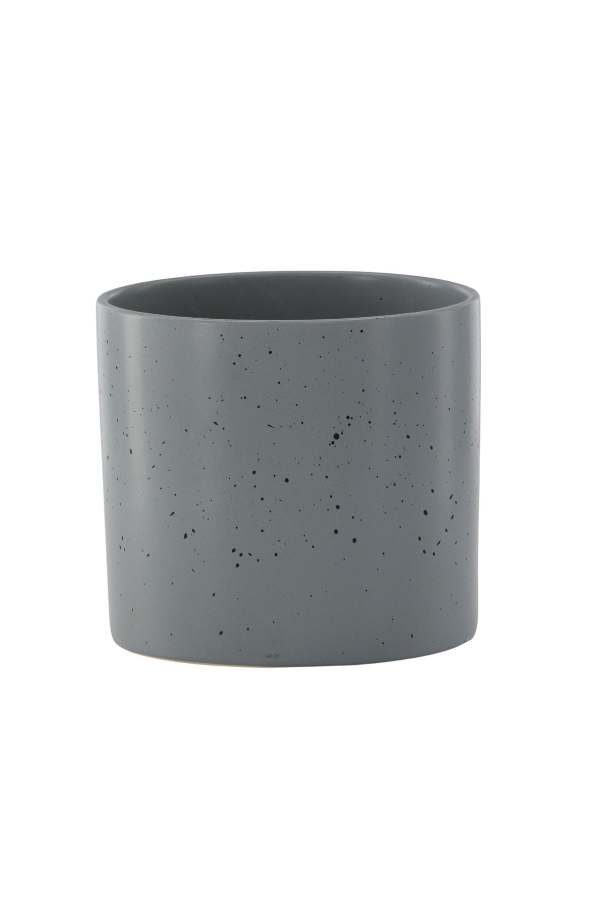 Schwarz-dunkelgraue Vase Sane aus Steinzeug mit gepunktetem Muster, rundlicher Form, Durchmesser 11 cm und Höhe 10 cm.