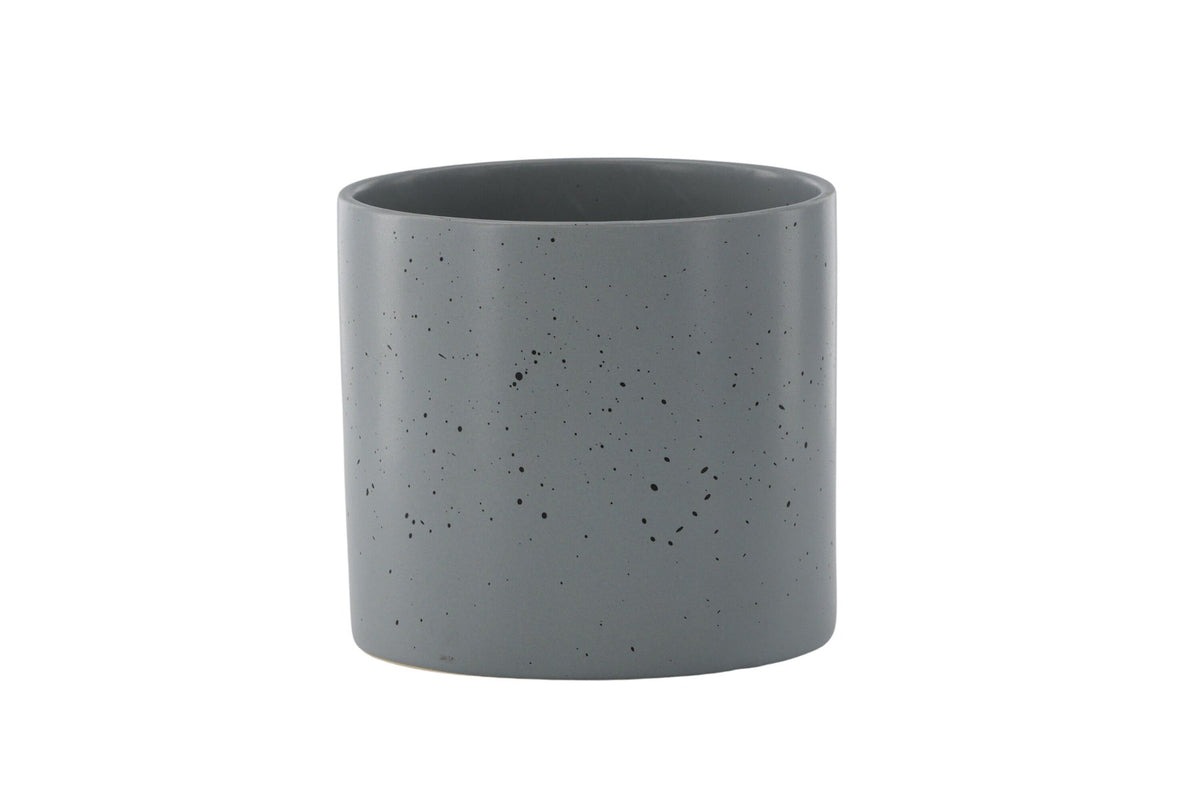 Schwarz-dunkelgraue Vase Sane aus Steinzeug mit gepunktetem Muster, rundlicher Form, Durchmesser 11 cm und Höhe 10 cm.