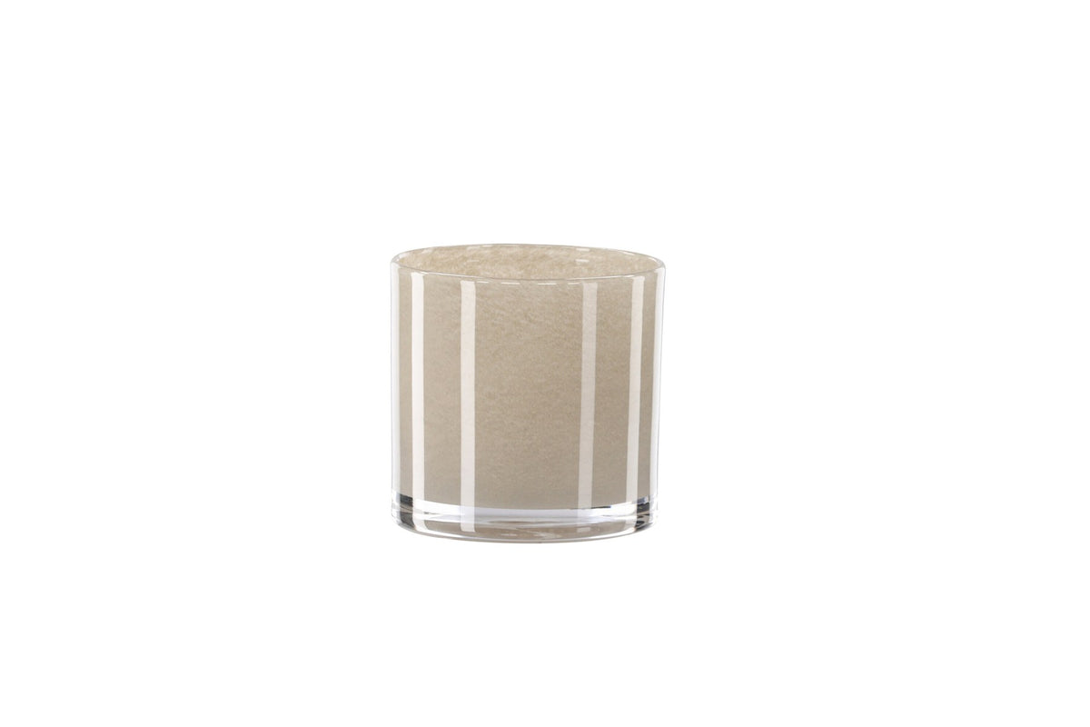 Weisser runder Teelichthalter Glora aus Glas, Durchmesser 8 cm, Höhe 8 cm, schlichte, transparente Oberfläche mit dünner Wandstärke.