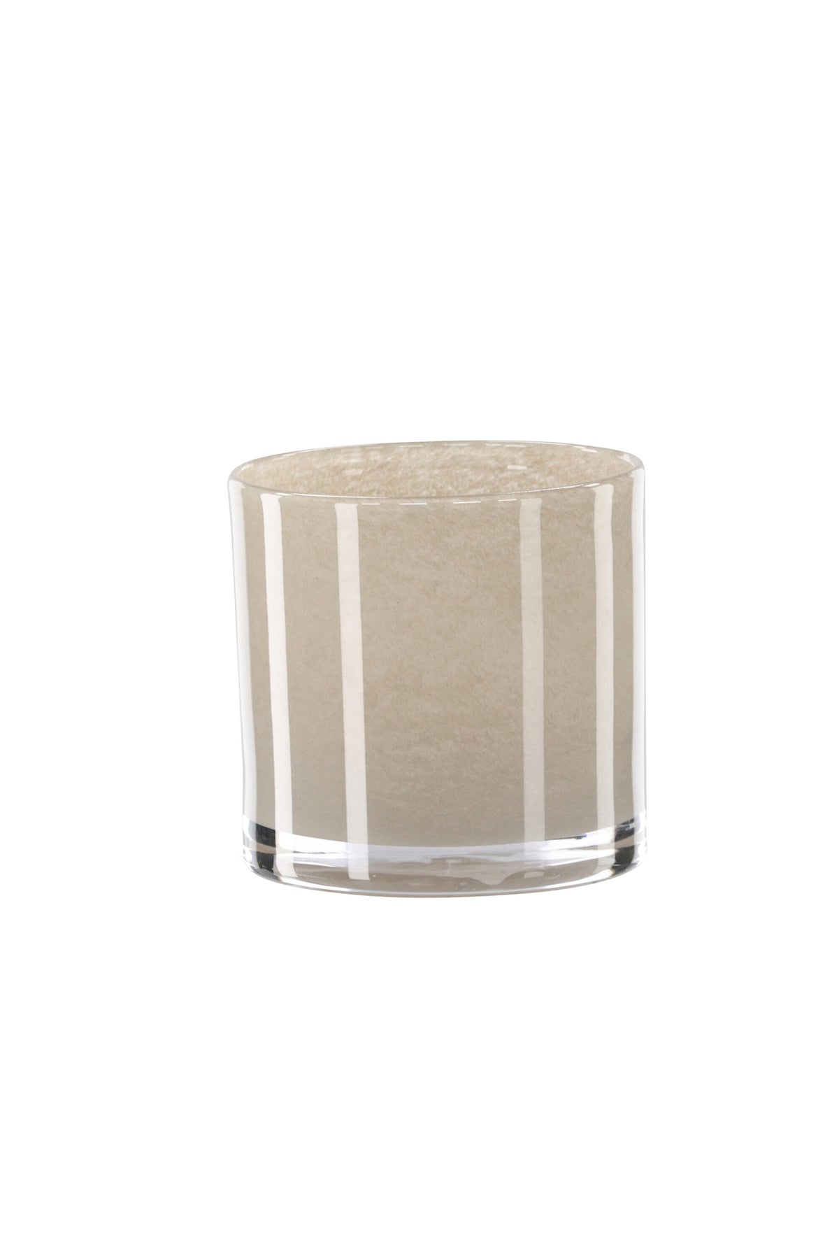 Weisser runder Teelichthalter Glora aus Glas, Durchmesser 8 cm, Höhe 8 cm, schlichte, transparente Oberfläche mit dünner Wandstärke.