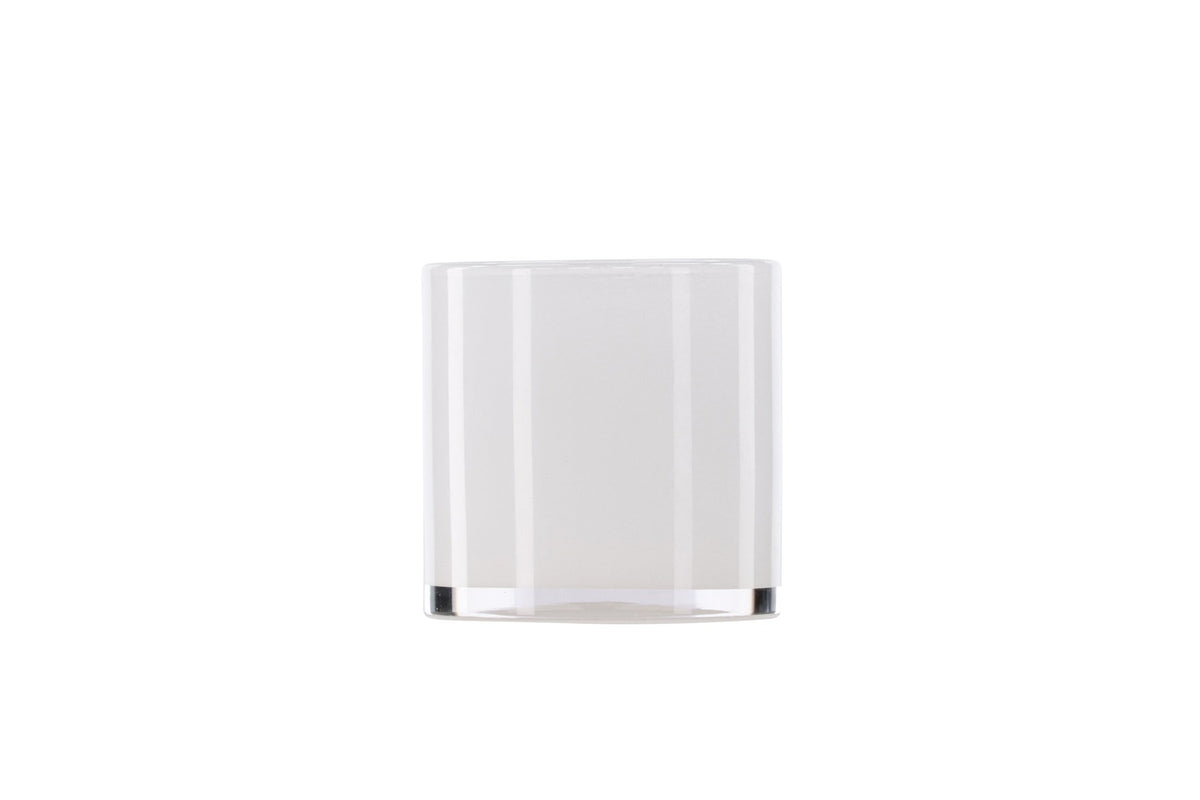 Weisser runder Teelichthalter Glora aus Glas, Durchmesser 8 cm, Höhe 8 cm, schlichte, transparente Oberfläche mit dünner Wandstärke.
