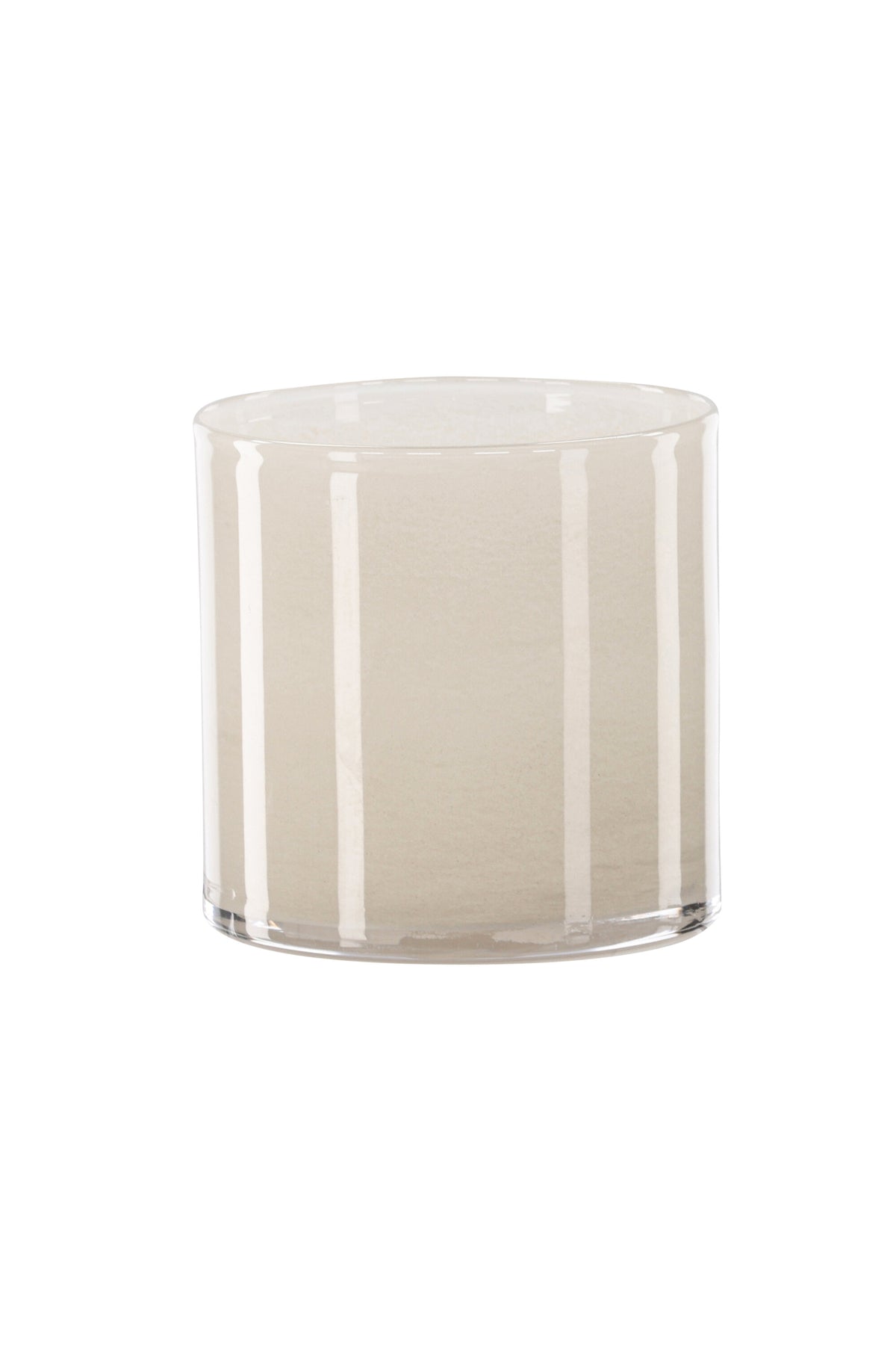 Weisser runder Teelichthalter Glora aus Glas, Durchmesser 8 cm, Höhe 8 cm, schlichte, transparente Oberfläche mit dünner Wandstärke.