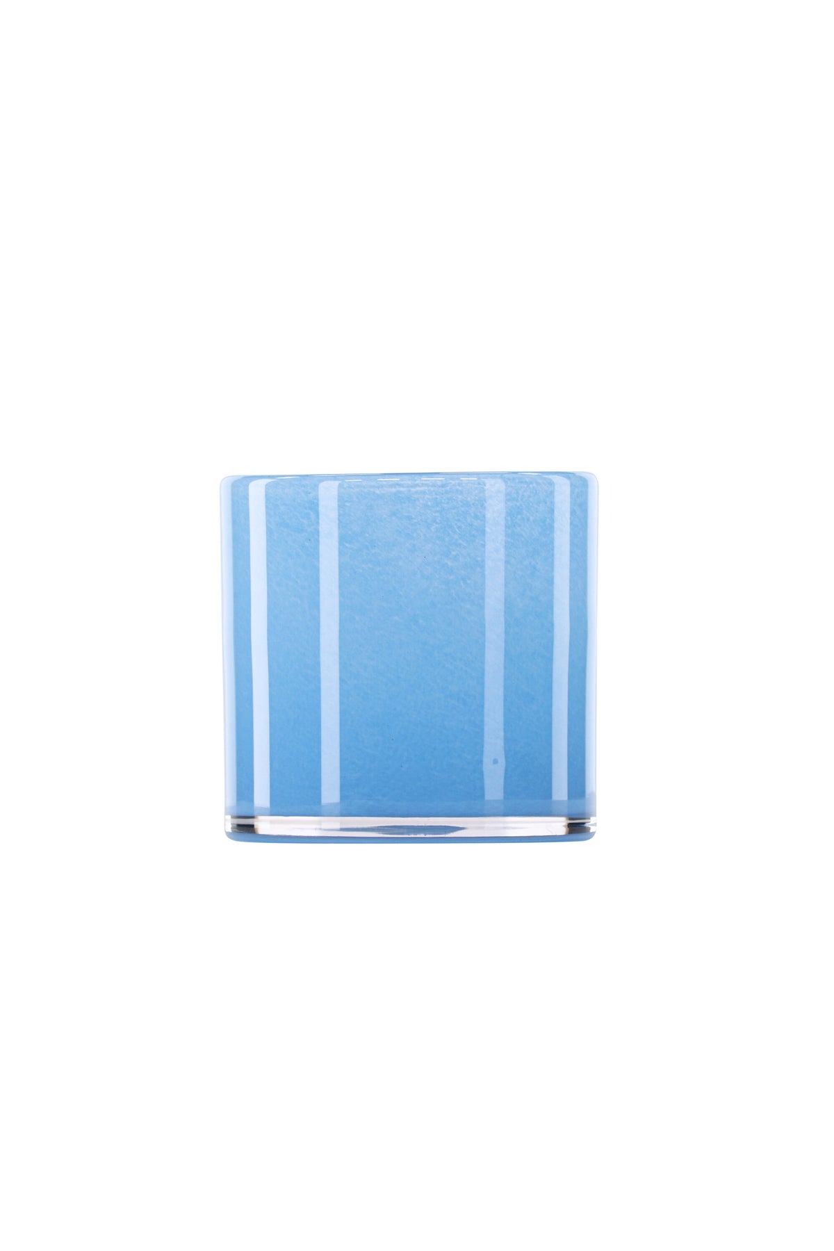 Weisser runder Teelichthalter Glora aus Glas, Durchmesser 8 cm, Höhe 8 cm, schlichte, transparente Oberfläche mit dünner Wandstärke.