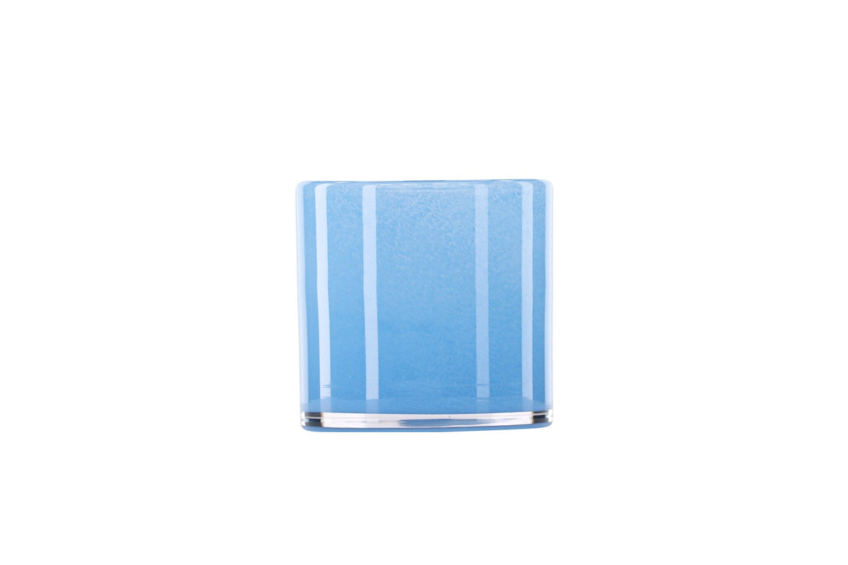 Weisser runder Teelichthalter Glora aus Glas, Durchmesser 8 cm, Höhe 8 cm, schlichte, transparente Oberfläche mit dünner Wandstärke.