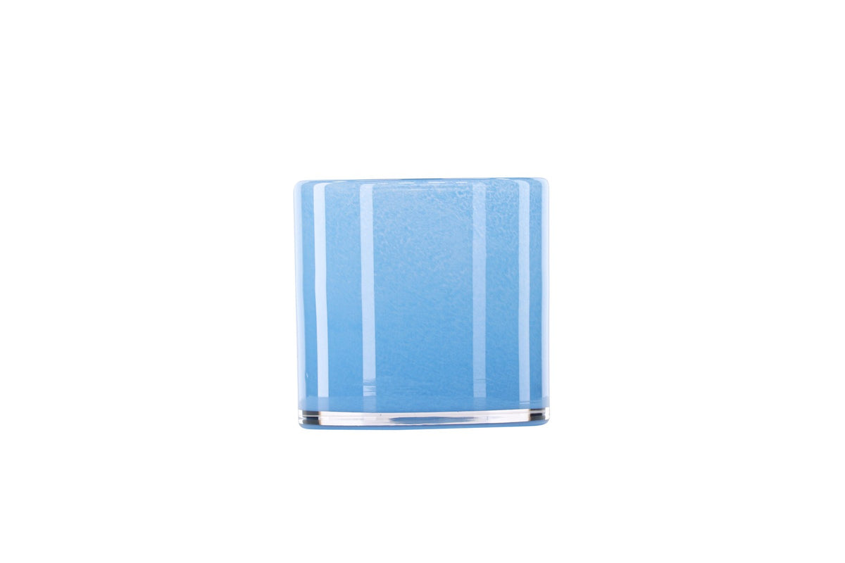 Weisser runder Teelichthalter Glora aus Glas, Durchmesser 8 cm, Höhe 8 cm, schlichte, transparente Oberfläche mit dünner Wandstärke.
