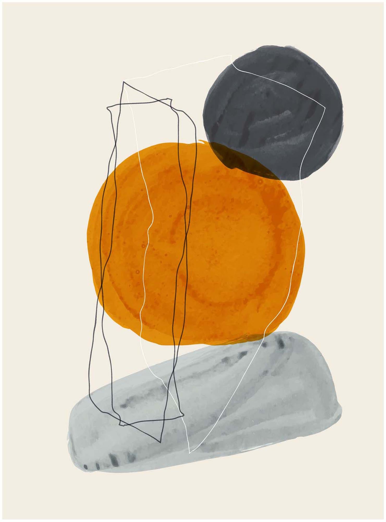 Entdecken Sie das einzigartige Stones Poster von Venture Home – moderne Kunst in harmonischen Beige- und Grautönen mit lebendigen Akzenten.