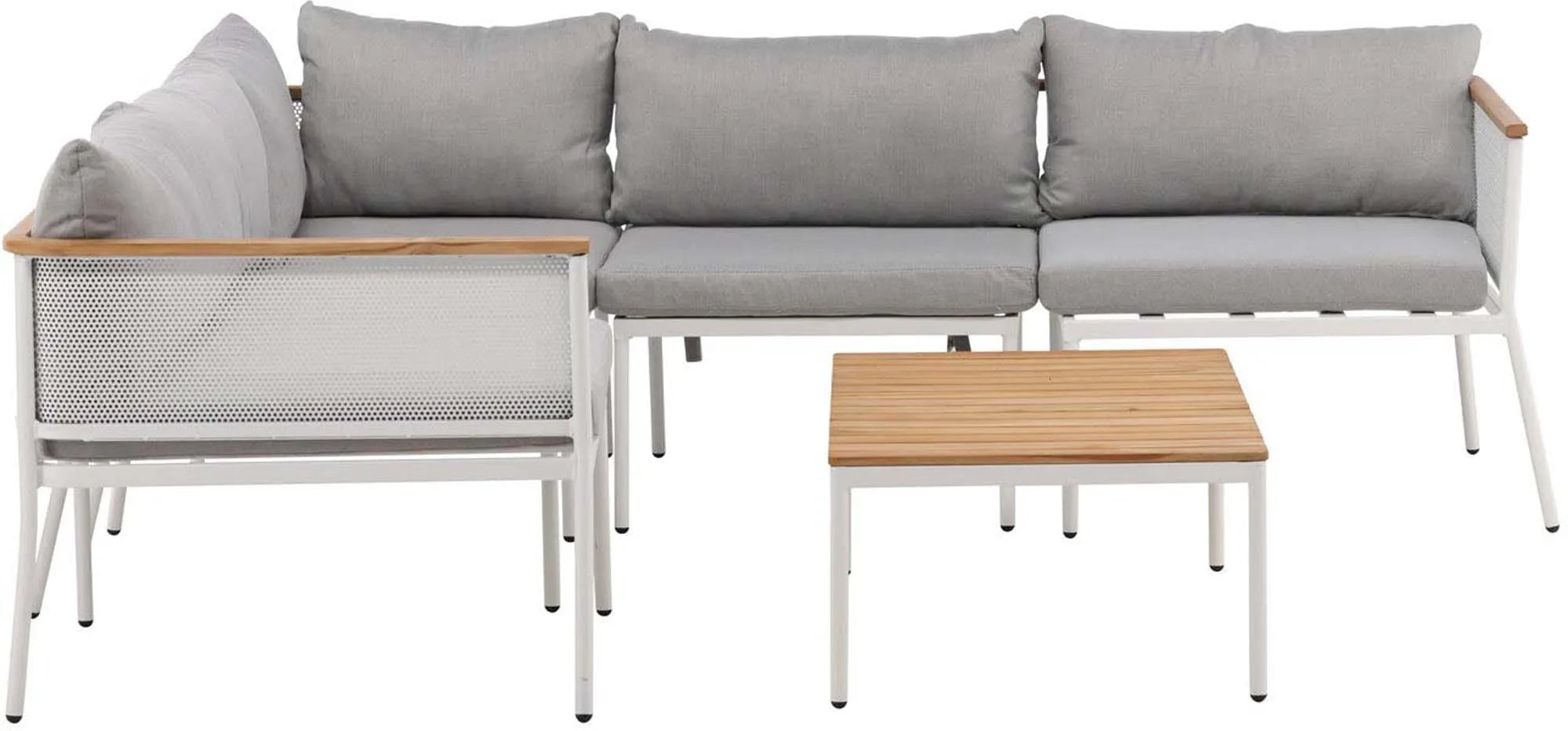 Stilvolles Nettan Ecksofa Outdoorset: Komfort für 3 Personen, robustes Metall, edles Teakholz, graue Baumwollkissen.