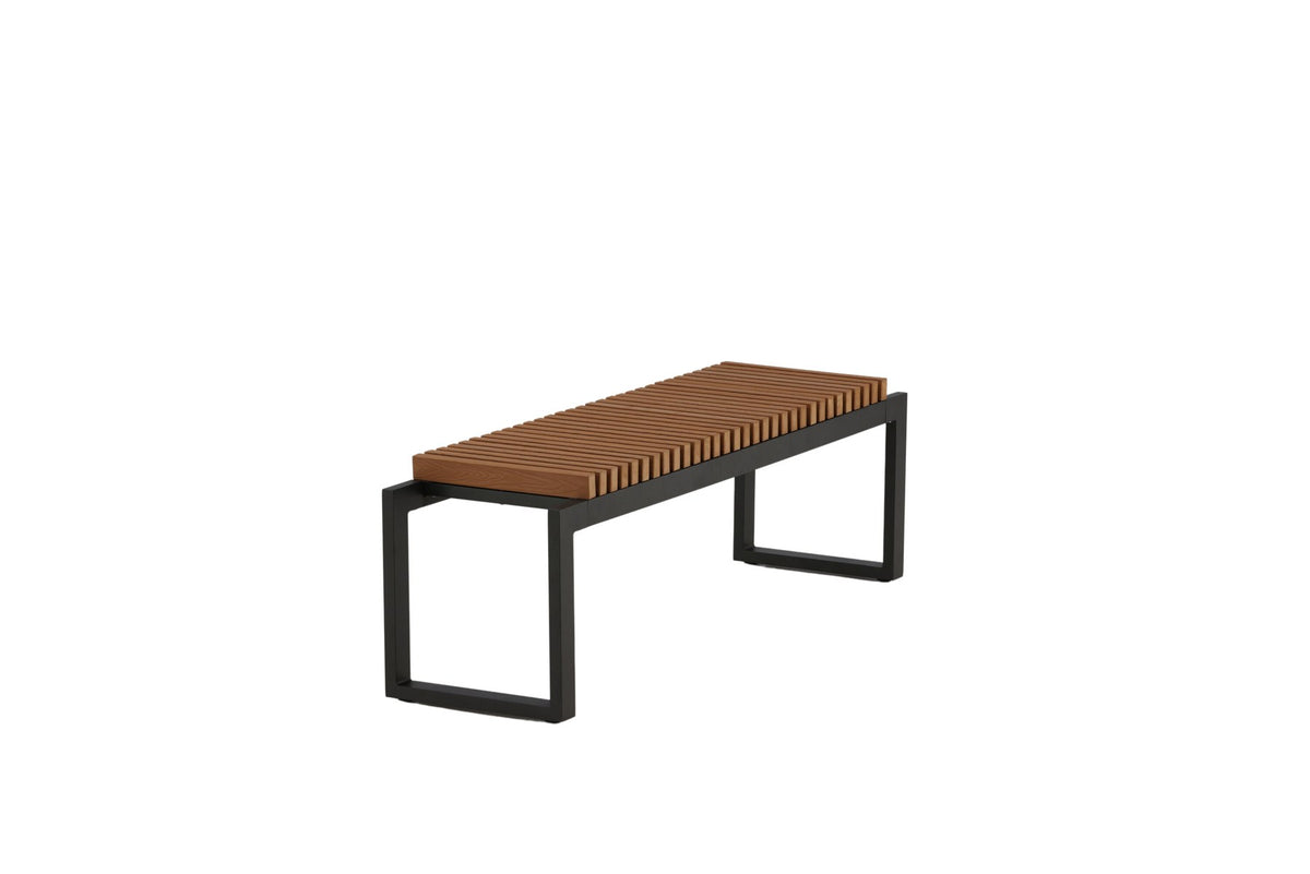 Gartenbank Athena von Venture Home mit schwarzem Aluminiumgestell und gerippter Sitzfläche aus braunem Aintwood, Outdoor-Design.