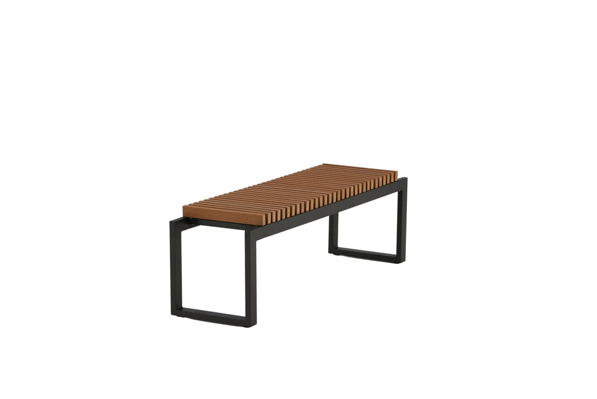 Gartenbank Athena von Venture Home mit schwarzem Aluminiumgestell und gerippter Sitzfläche aus braunem Aintwood, Outdoor-Design.
