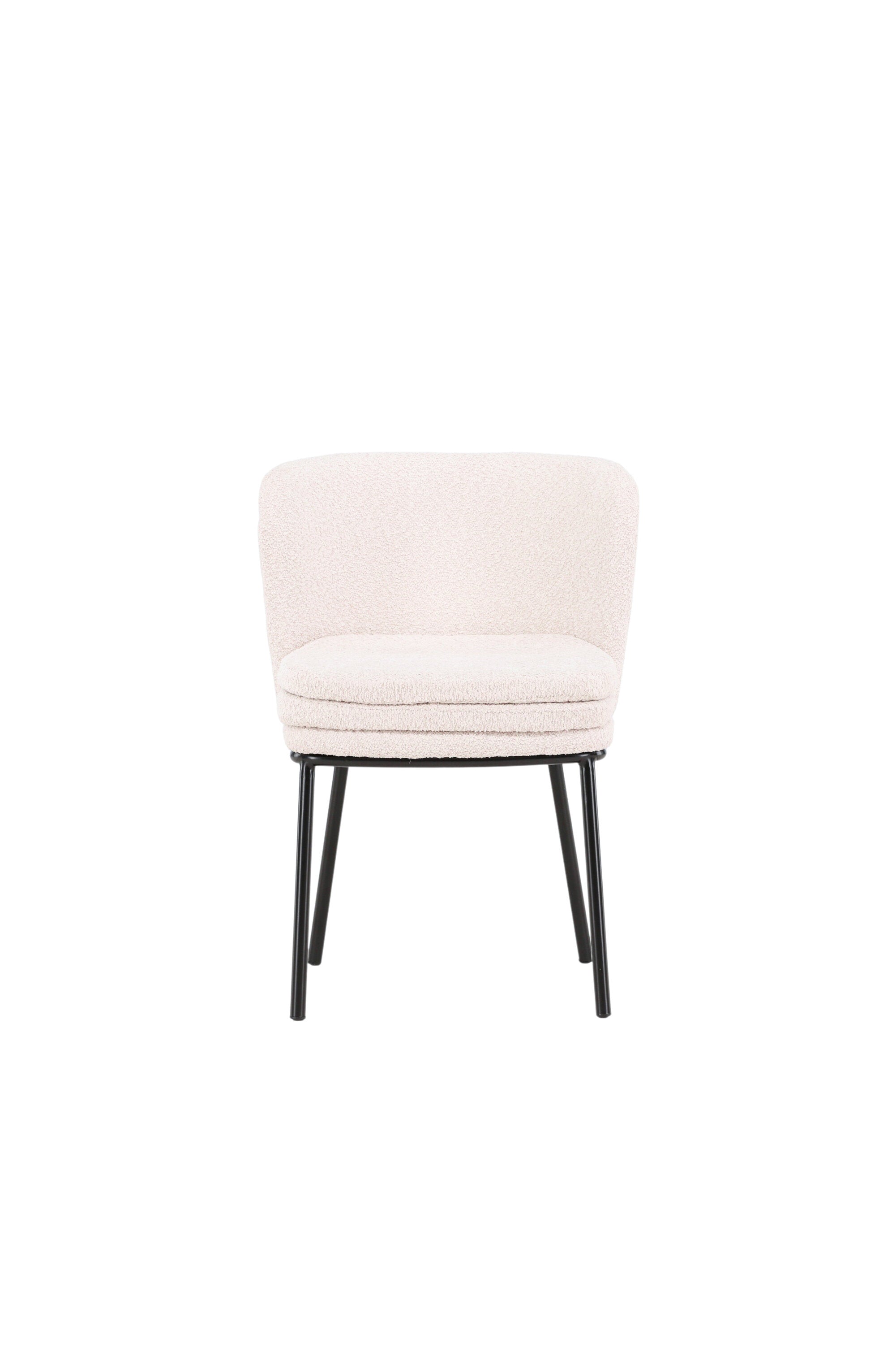 Der Agnes Esszimmerstuhl vereint modernes Design mit Komfort: weisse Bouclé-Sitzfläche, schwarze Stahlbeine, zeitlose Eleganz.