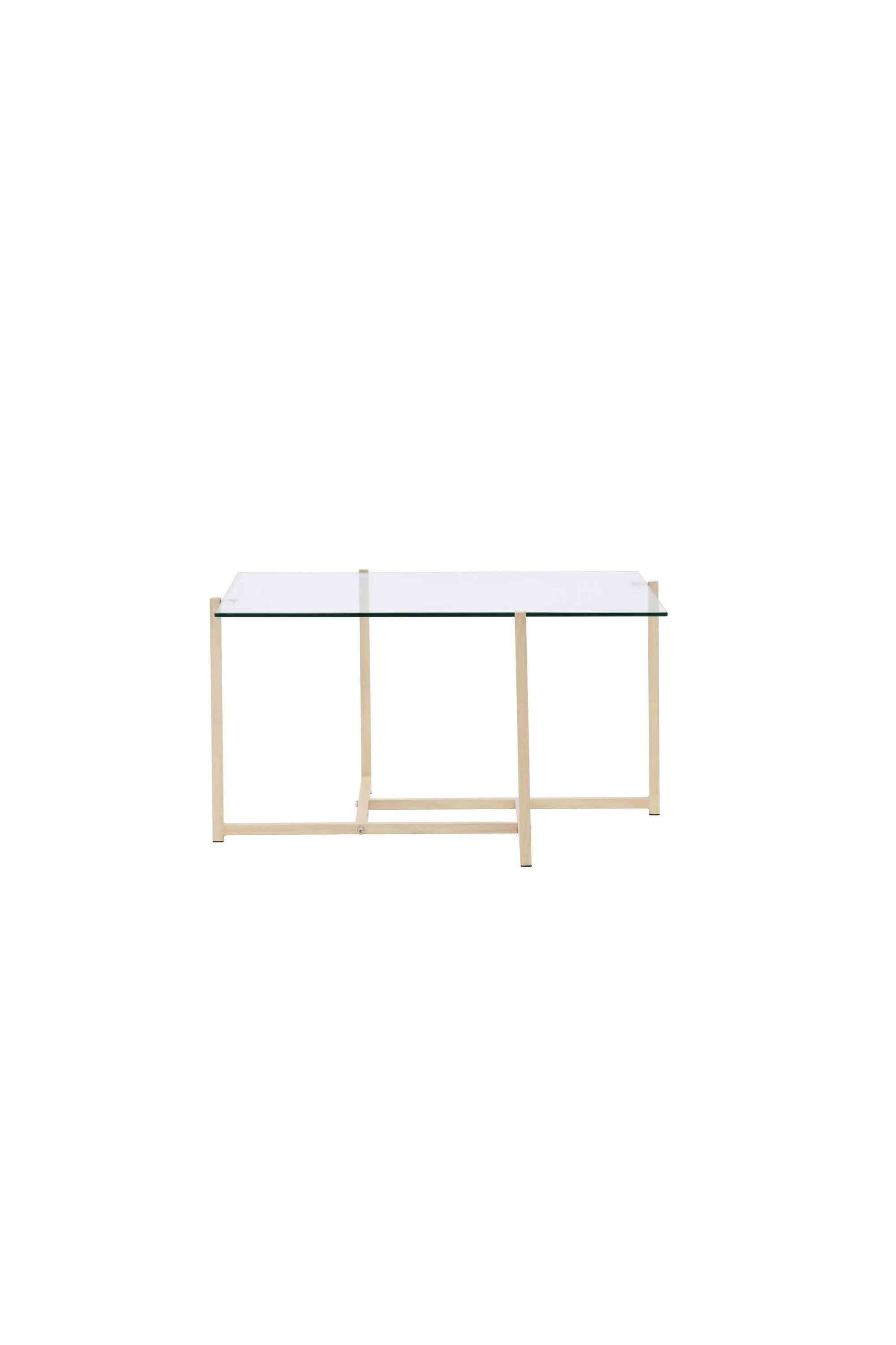 Eleganter Hybrid Sofatisch: 80x80 cm, Stahlrahmen in Holzoptik, Glastischplatte, modern und einladend für Ihr Wohnzimmer.