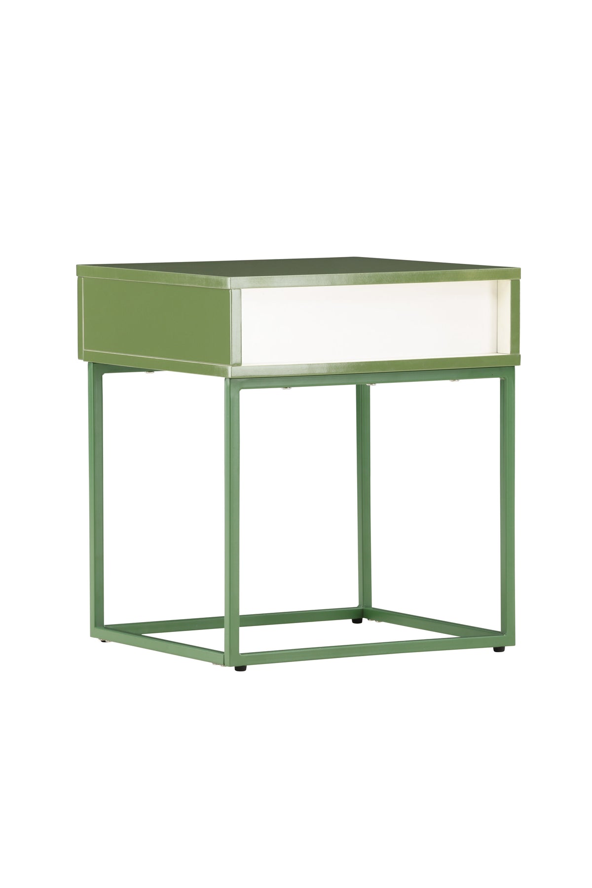 Hellgrauer Nachttisch aus Stahl mit offener, minimalistischer Konstruktion, Modell Bakal von Venture Home, Frontalansicht.