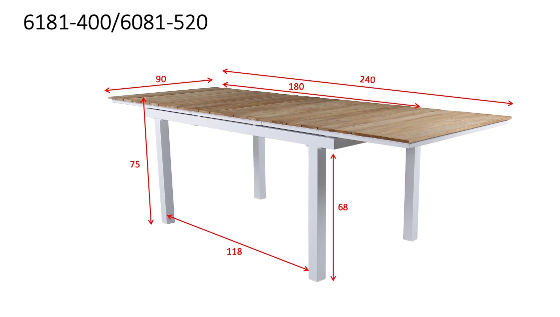 Rechteckiger Gartentisch Mexiko mit naturfarbener Teakholz-Tischplatte und schwarzem Aluminiumgestell, ausziehbar, im Freien aufgestellt.