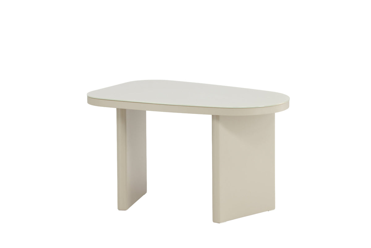 Grönvik Beistelltisch von Venture Home in Beige, Gestell aus MDF mit runder Glastischplatte, geschwungene Form.