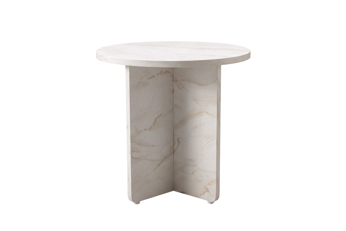 Runder Beistelltisch Ålesund in Beige mit marmoriert wirkender MDF-Tischplatte und schlanken MDF-Beinen, Durchmesser 50 cm, skandinavisches Design.