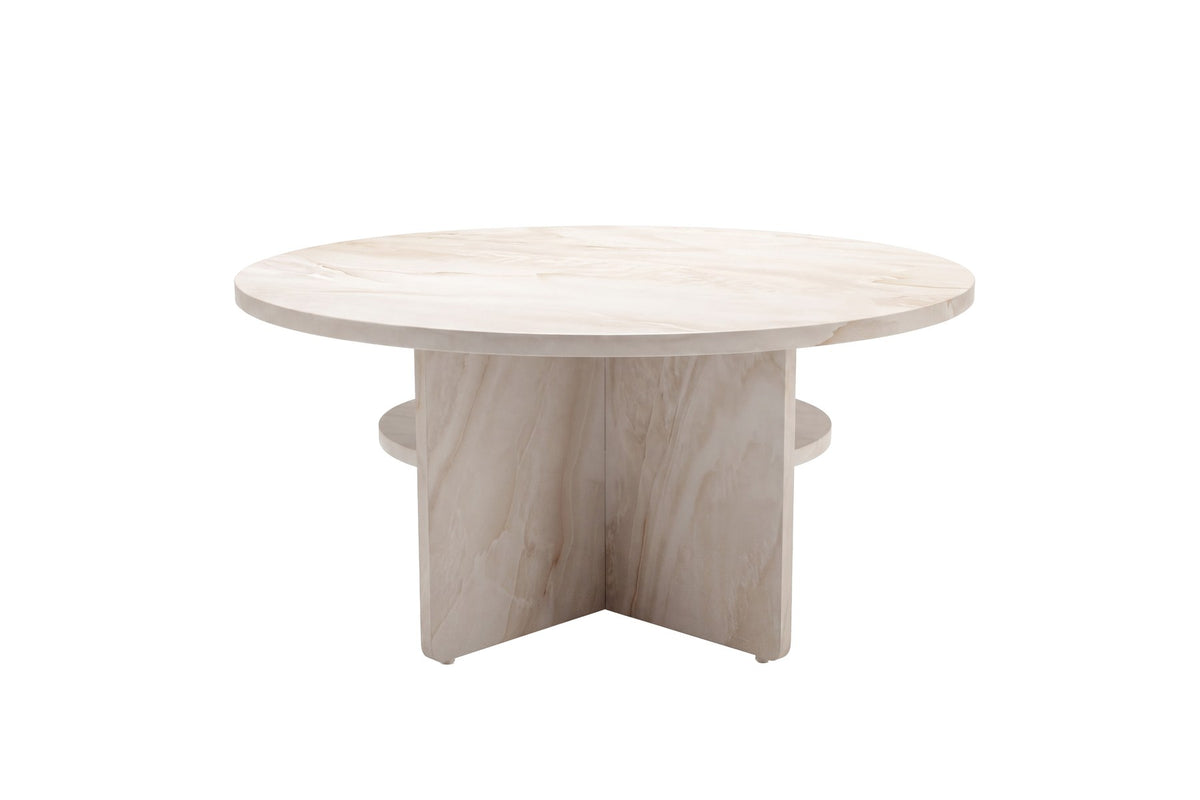 Runder Beistelltisch mit Tischplatte und Beinen aus MDF in Marmor-Optik, Farbe Beige, Durchmesser 85 cm.