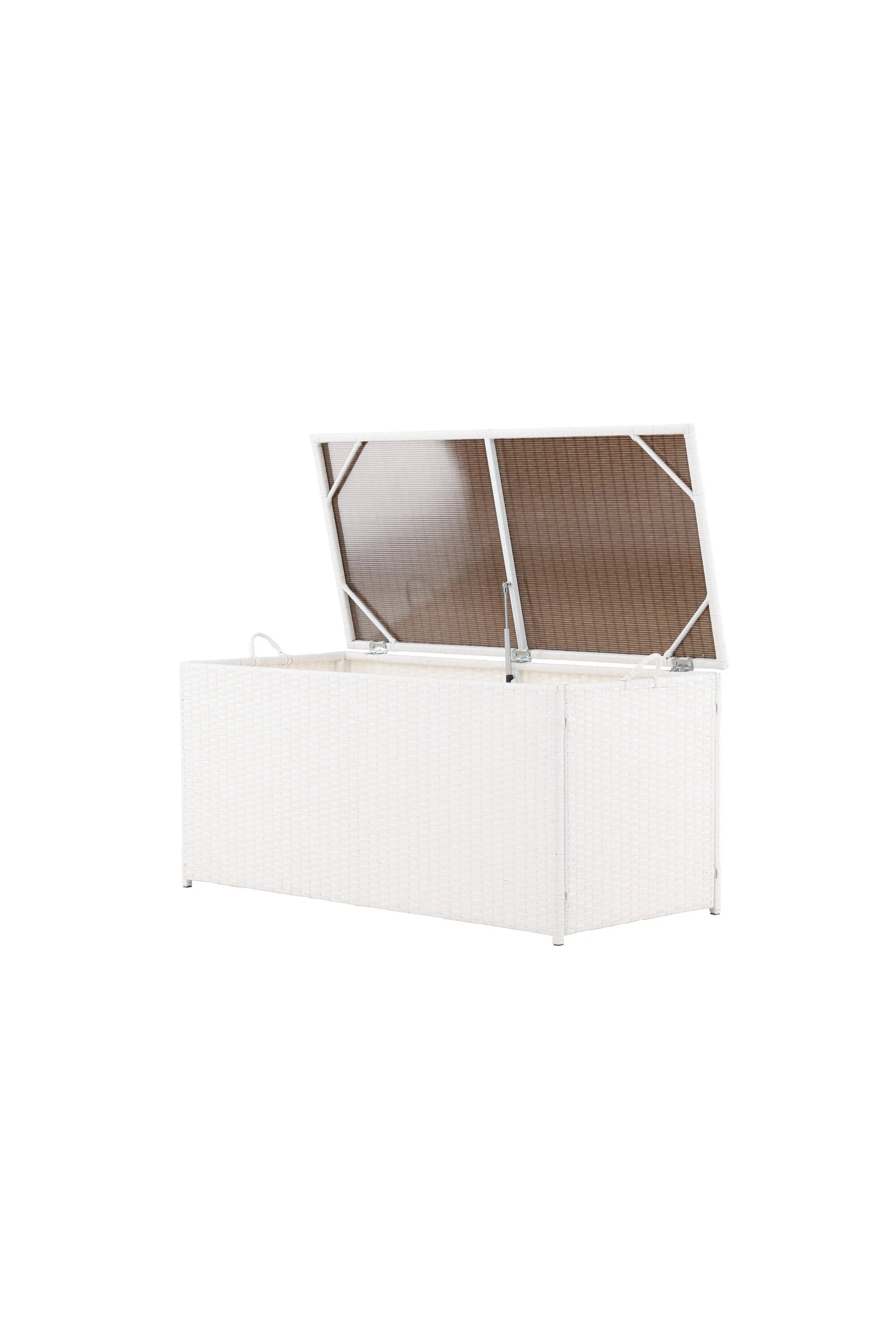 Elegante Kissenbox London aus weißem Rattan, 130x60 cm, für stilvolle und praktische Aufbewahrung Ihrer Outdoor-Kissen.