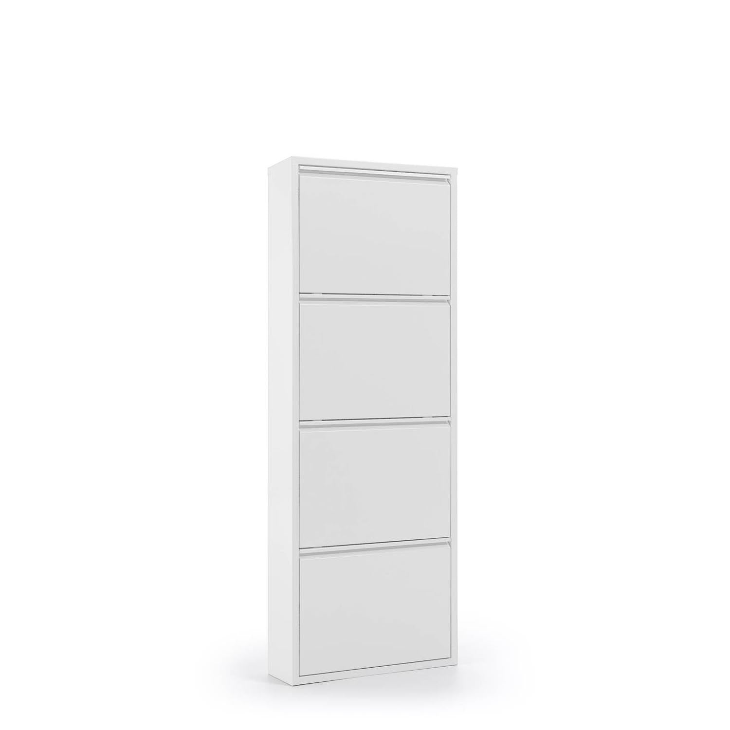 Eleganter, 4-türiger Ode Schuhschrank (50x136 cm) in Weiss von Kave Home: stilvoll, stabil, pflegeleicht, ideal für Flur oder Schlafzimmer.