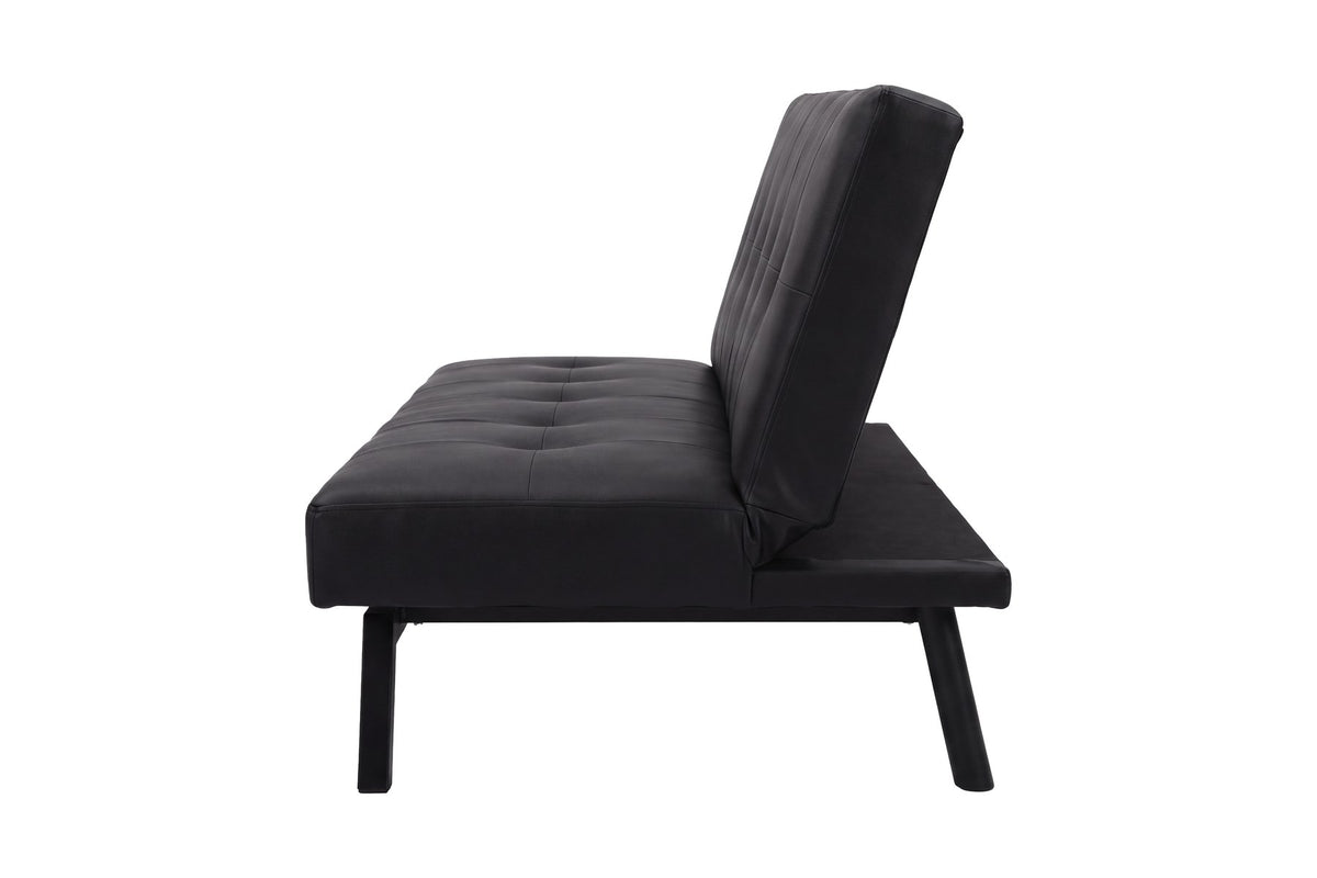 Schwarzes Klappbett Bodil von Venture Home, Bettsofa mit PU-Bezug, Schaumstofffüllung und schwarzen Stahlbeinen im skandinavischen Design.