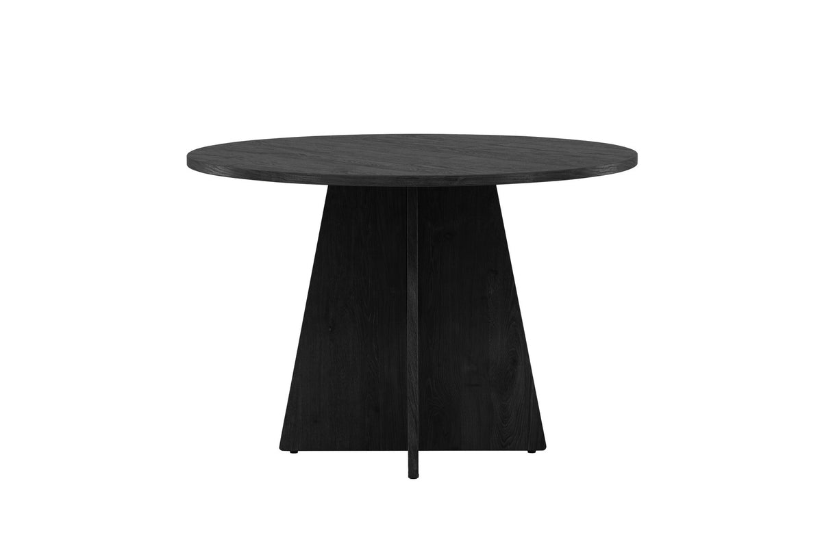 Runder Esstisch in Schwarz aus MDF mit Furnieroberfläche und kreuzförmigem Mittelfuss, Durchmesser 110 cm, Marke Venture Home.