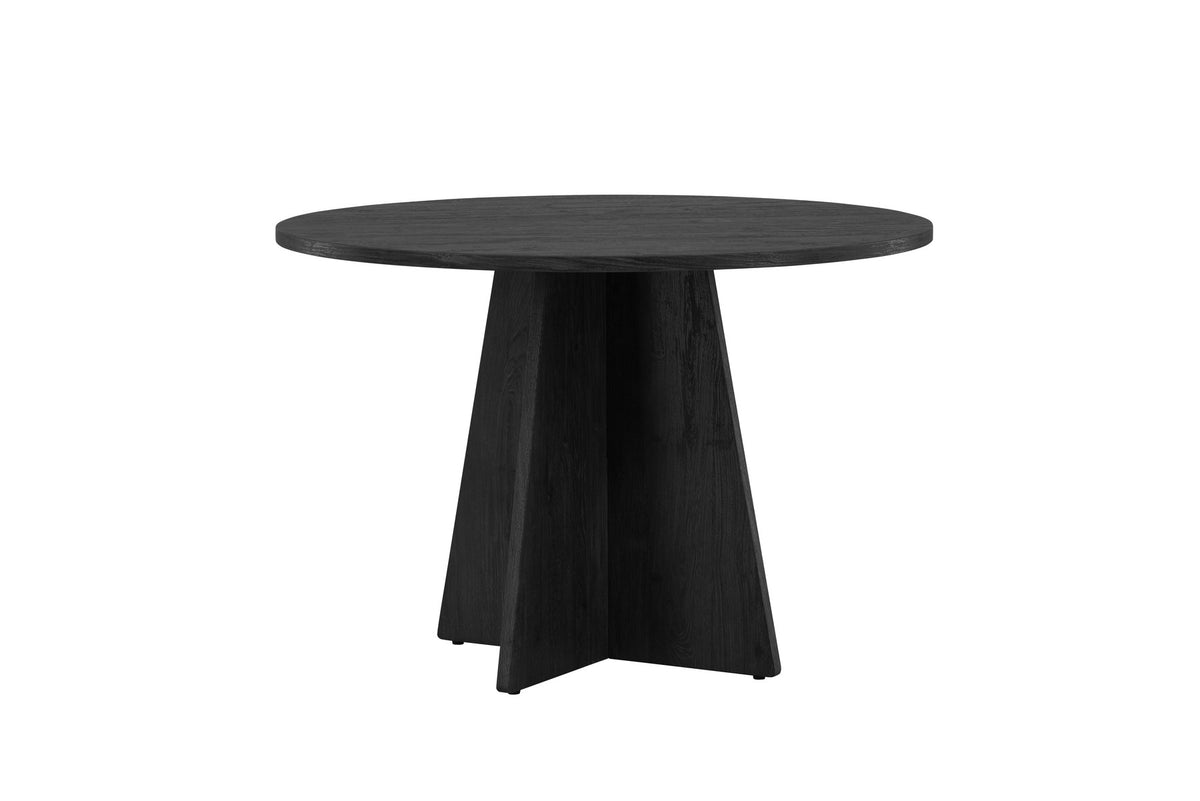 Runder Esstisch in Schwarz aus MDF mit Furnieroberfläche und kreuzförmigem Mittelfuss, Durchmesser 110 cm, Marke Venture Home.